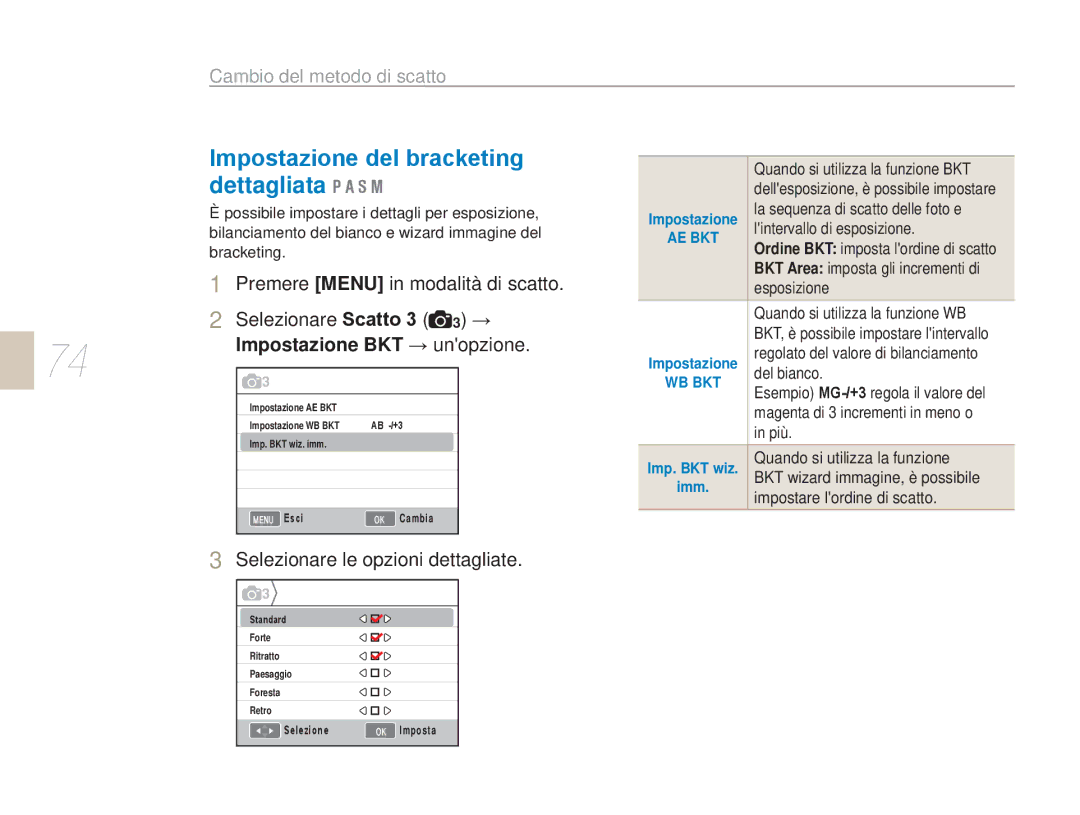 Samsung EV-NX5ZZZBABIT Impostazione del bracketing, Dettagliata, Cambio del metodo di scatto, Impostazione BKT → unopzione 