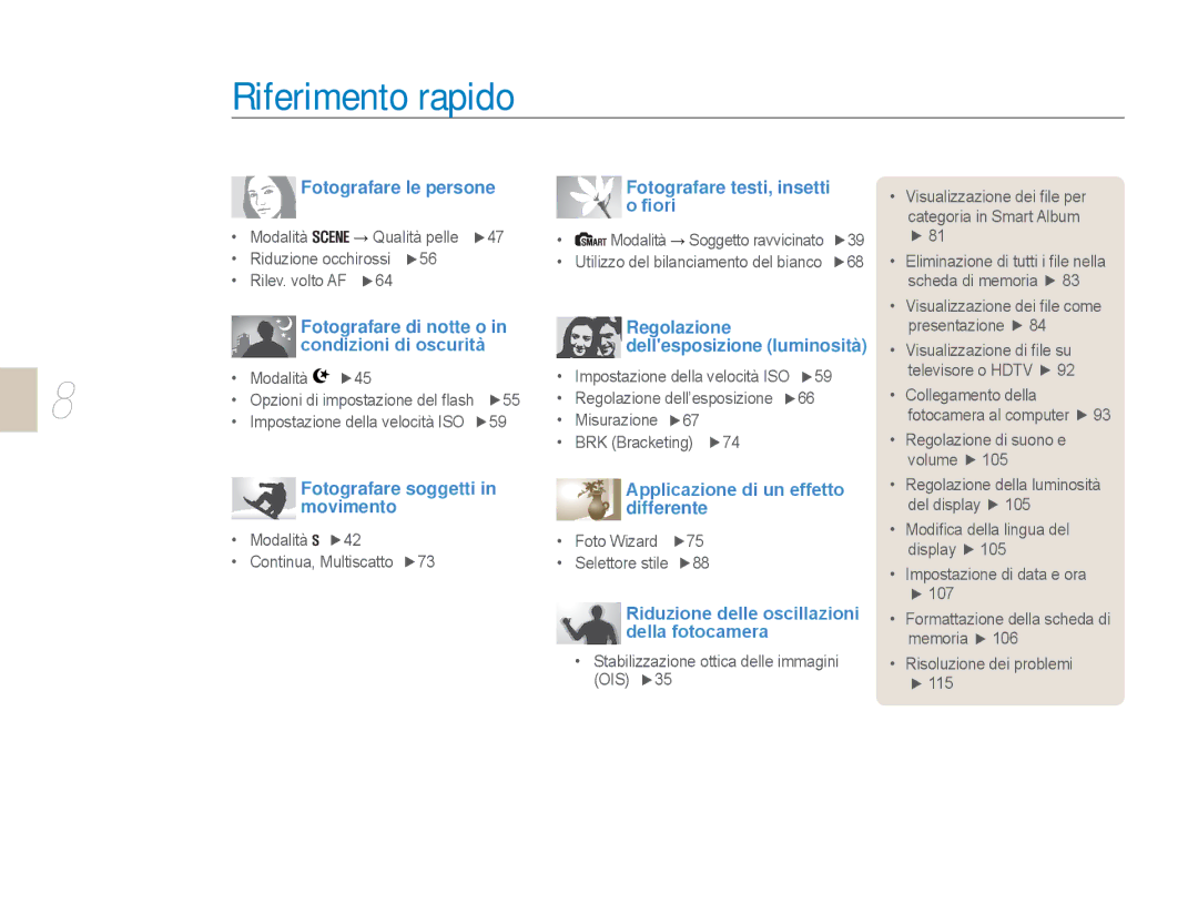 Samsung EV-NX5ZZZBABIT manual Riferimento rapido, Fotografare testi, insetti o ﬁori 