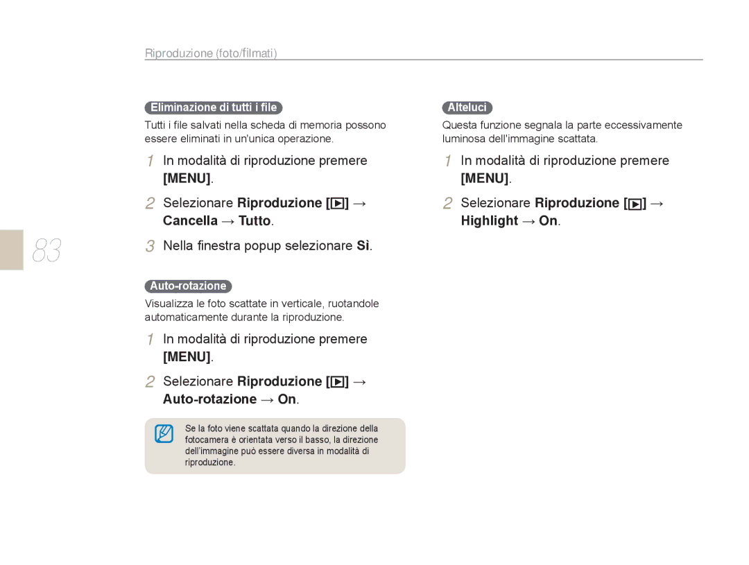 Samsung EV-NX5ZZZBABIT manual Modalità di riproduzione premere, Selezionare Riproduzione Cancella → Tutto 