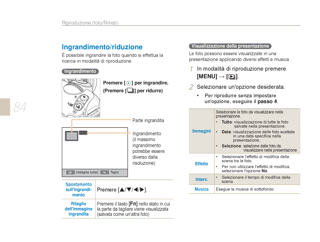 Samsung EV-NX5ZZZBABIT manual Ingrandimento/riduzione, Premere S/T/W/X, Premere Per ridurre 