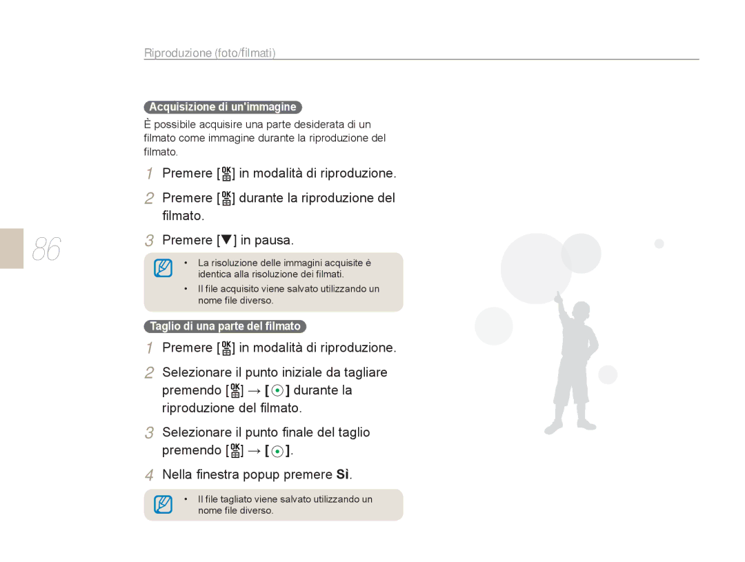 Samsung EV-NX5ZZZBABIT manual Acquisizione di unimmagine, Taglio di una parte del ﬁlmato 