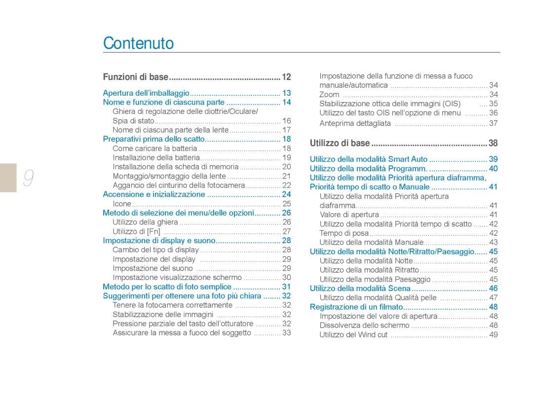 Samsung EV-NX5ZZZBABIT manual Contenuto, Ghiera di regolazione delle diottrie/Oculare 