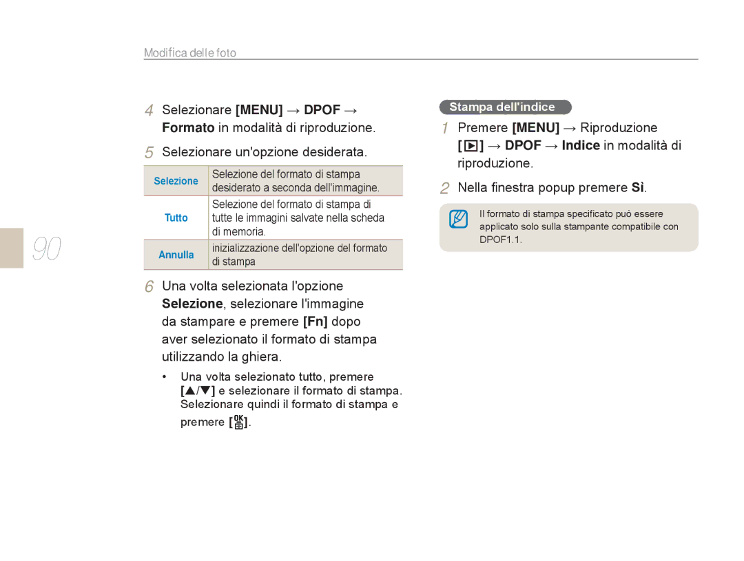 Samsung EV-NX5ZZZBABIT manual Selezionare Menu → Dpof →, Formato in modalità di riproduzione, Stampa dellindice 