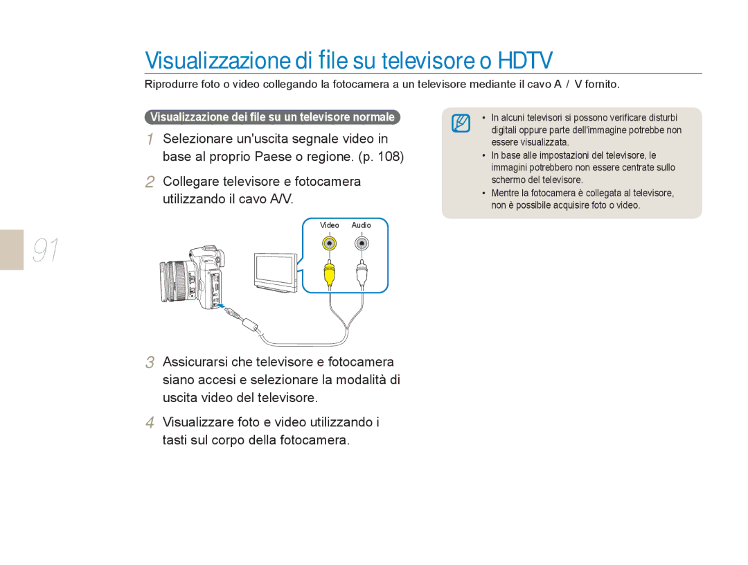 Samsung EV-NX5ZZZBABIT manual Visualizzazione di ﬁle su televisore o Hdtv, Visualizzazione dei ﬁle su un televisore normale 