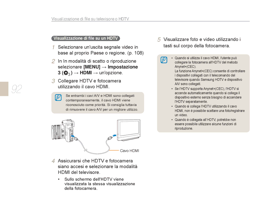 Samsung EV-NX5ZZZBABIT manual Visualizzazione di ﬁle su televisore o Hdtv, Visualizzare foto e video utilizzando, Cavo Hdmi 