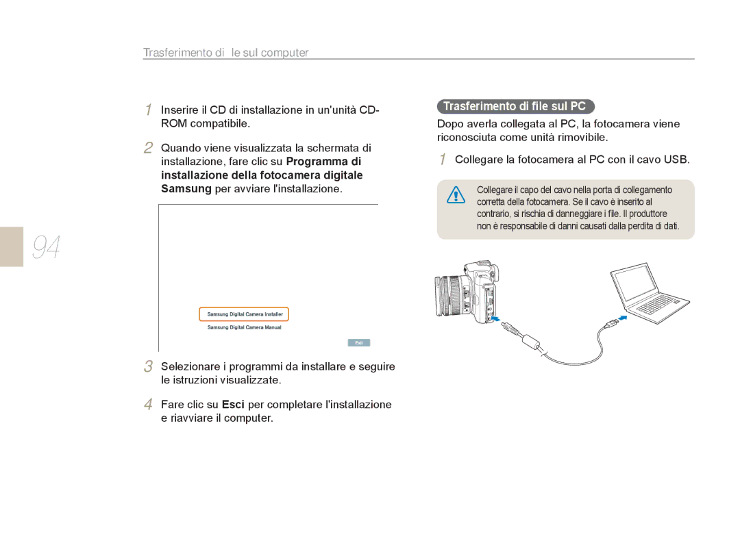 Samsung EV-NX5ZZZBABIT manual Trasferimento di ﬁle sul computer, Inserire il CD di installazione in ununità CD 