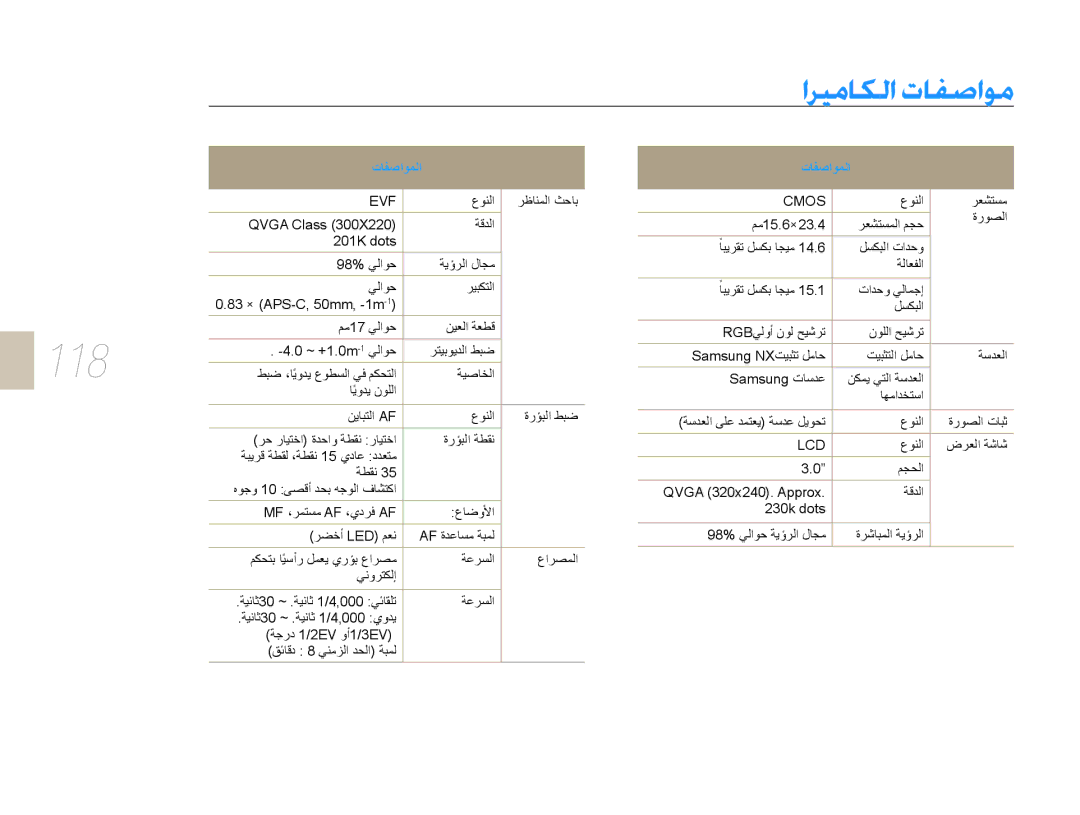 Samsung EV-NX5ZZZBABSA manual اريماكلا تافصاوم, 118 