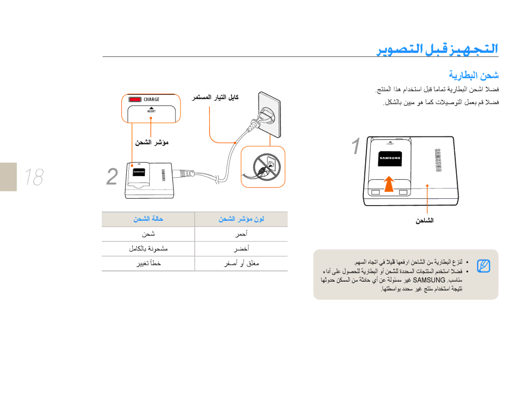 Samsung EV-NX5ZZZBABSA manual ﺔﻳﺭﺎﻄﺒﻟﺍ ﻦﺤﺷ, ﺮﻤﺘﺴﻤﻟﺍ ﺭﺎﻴﺘﻟﺍ ﻞﺑﺎﻛ, ﺮﻤﺣﺃ, ﺮﻀﺧﺃ, ﻦﺣﺎﺸﻟﺍ 