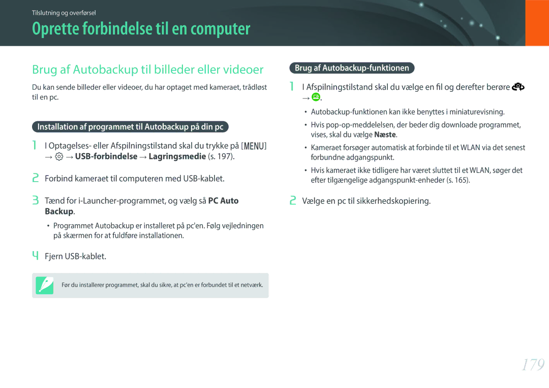 Samsung EV-NXF1ZZB1HSE, EV-NX1ZZZBZBSE 179, Brug af Autobackup til billeder eller videoer, Brug af Autobackup-funktionen 