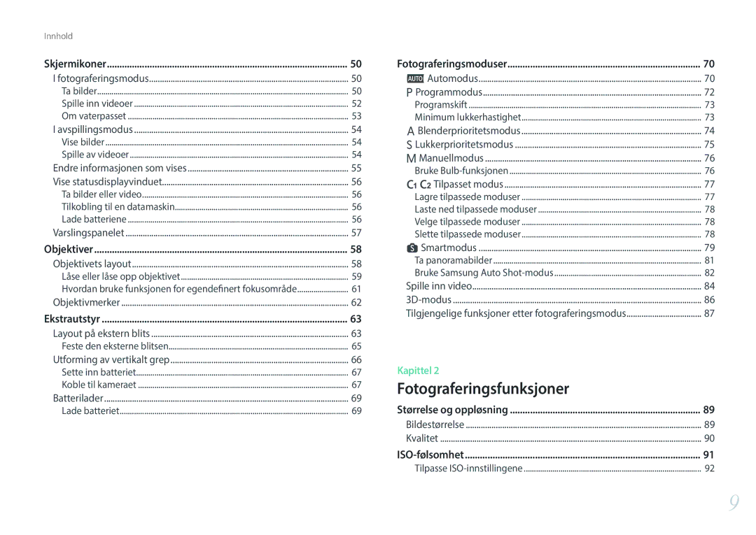 Samsung EV-NXF1ZZB1HDK manual Skjermikoner, Objektiver, Ekstrautstyr, Fotograferingsmoduser, Størrelse og oppløsning 