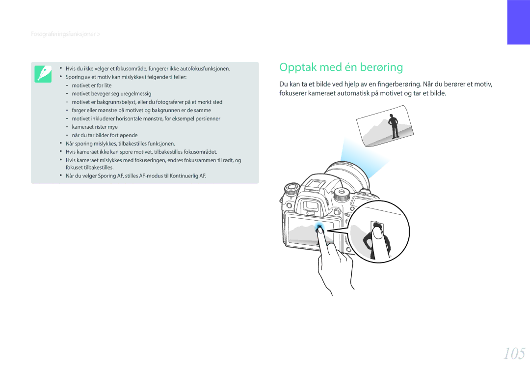 Samsung EV-NX1ZZZBZBSE, EV-NXF1ZZB1HSE, EV-NXF1ZZB1KDK, EV-NXF1ZZB2IDK, EV-NXF1ZZB1QSE manual 105, Opptak med én berøring 