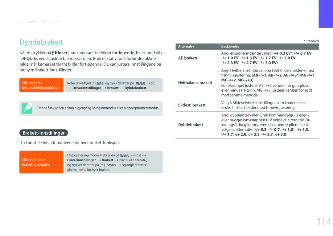 Samsung EV-NXF1ZZB1HDK, EV-NXF1ZZB1HSE, EV-NX1ZZZBZBSE, EV-NXF1ZZB1KDK manual 114, Dybdebrakett, Brakett-innstillinger 