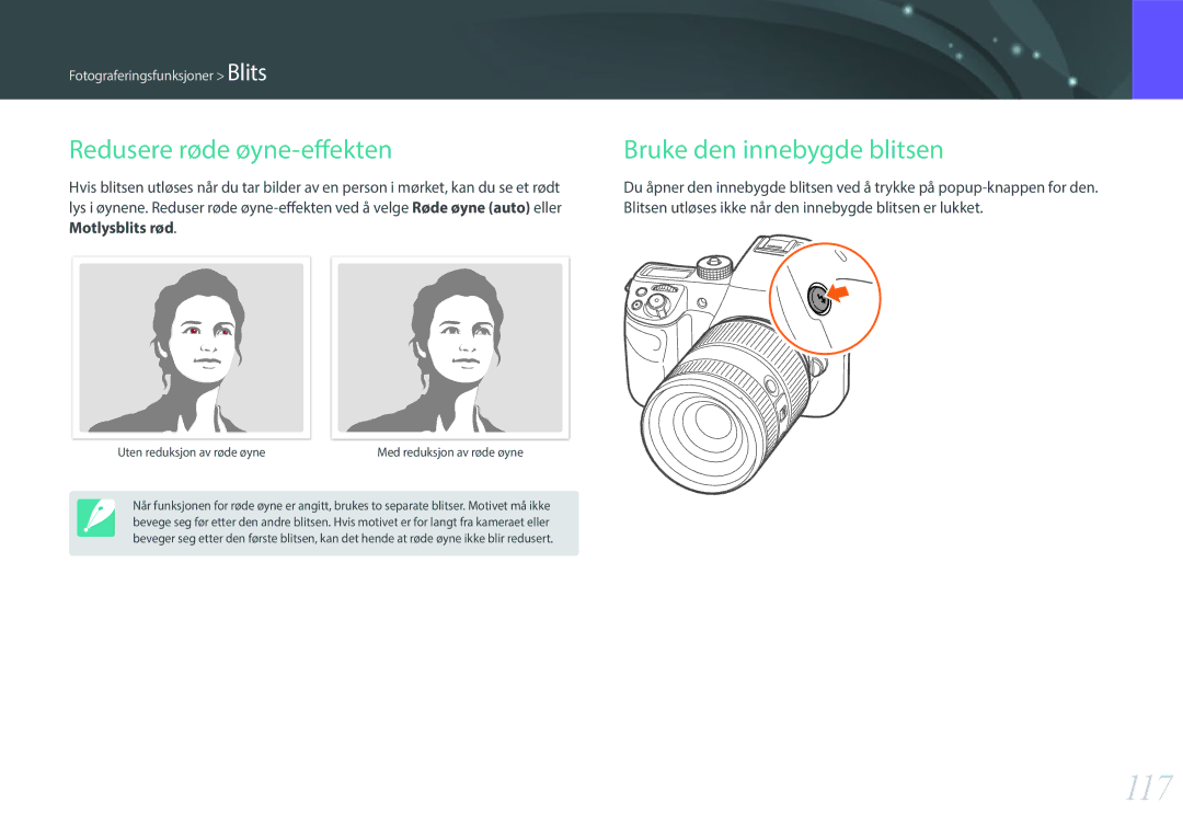 Samsung EV-NX1ZZZBQBSE, EV-NXF1ZZB1HSE, EV-NX1ZZZBZBSE manual 117, Redusere røde øyne-effekten, Bruke den innebygde blitsen 