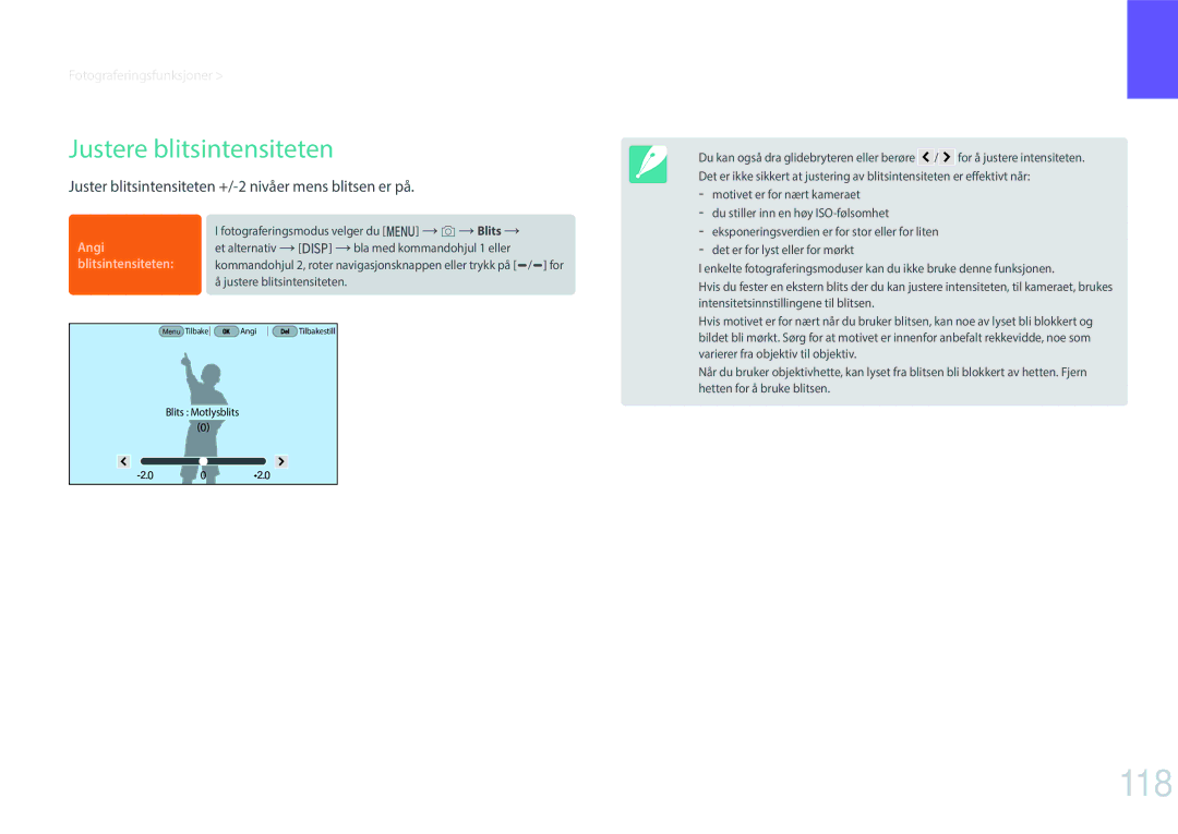 Samsung EV-NXF1ZZB1QDK manual 118, Justere blitsintensiteten, Juster blitsintensiteten +/-2 nivåer mens blitsen er på 