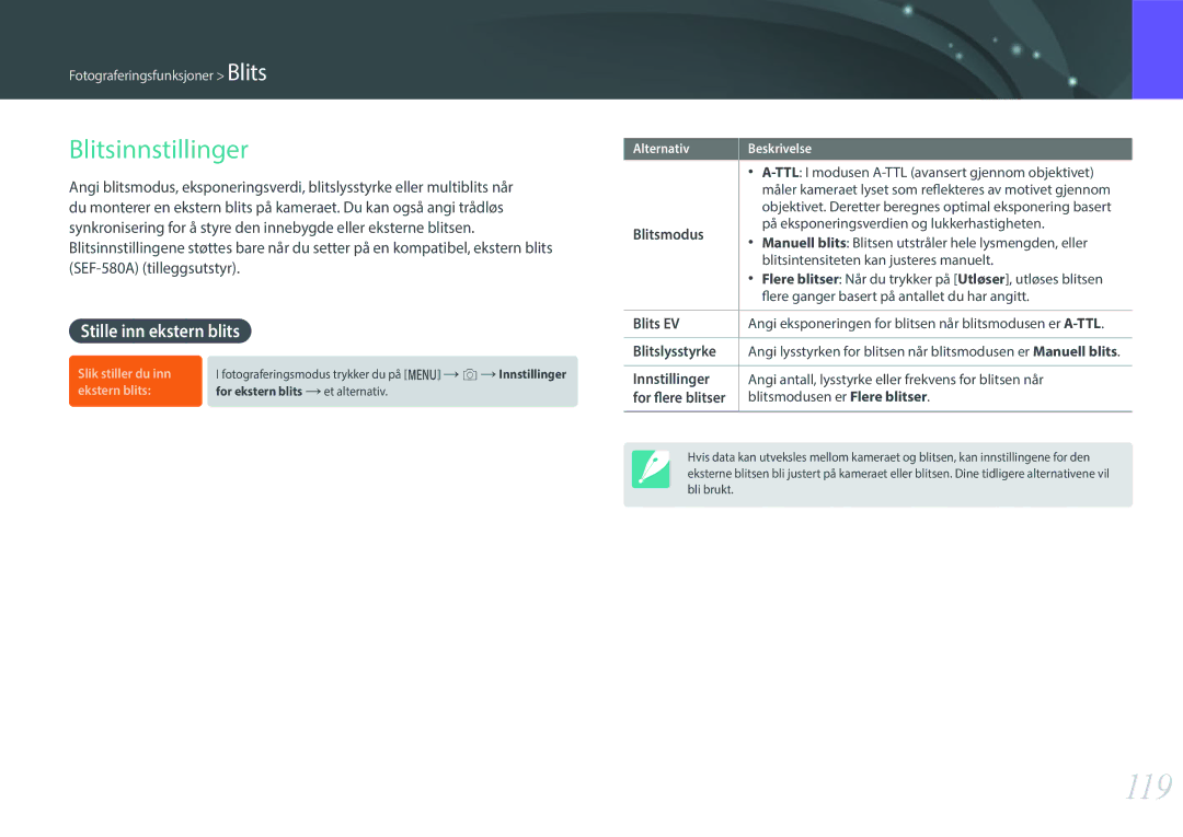 Samsung EV-NXF1ZZB1HSE, EV-NX1ZZZBZBSE, EV-NXF1ZZB1KDK, EV-NXF1ZZB2IDK 119, Blitsinnstillinger, Stille inn ekstern blits 