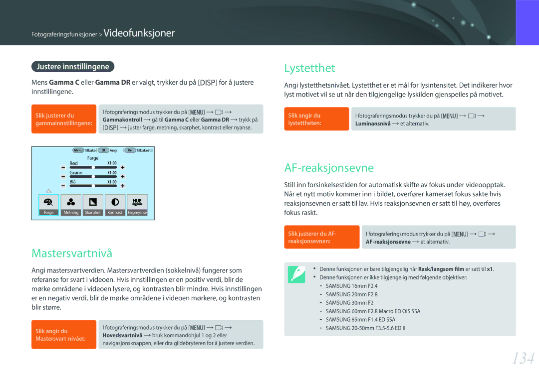 Samsung EV-NXF1ZZB1HSE, EV-NX1ZZZBZBSE manual 134, Mastersvartnivå, Lystetthet, AF-reaksjonsevne, Justere innstillingene 