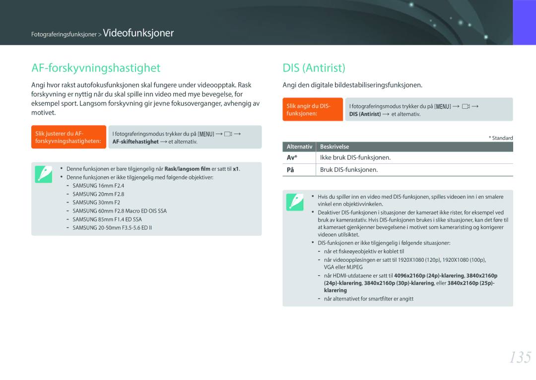 Samsung EV-NX1ZZZBZBSE manual 135, AF-forskyvningshastighet, DIS Antirist, Angi den digitale bildestabiliseringsfunksjonen 