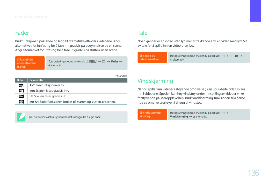 Samsung EV-NXF1ZZB1KDK, EV-NXF1ZZB1HSE, EV-NX1ZZZBZBSE, EV-NXF1ZZB2IDK, EV-NXF1ZZB1QSE manual 136, Fader, Tale, Vindskjerming 