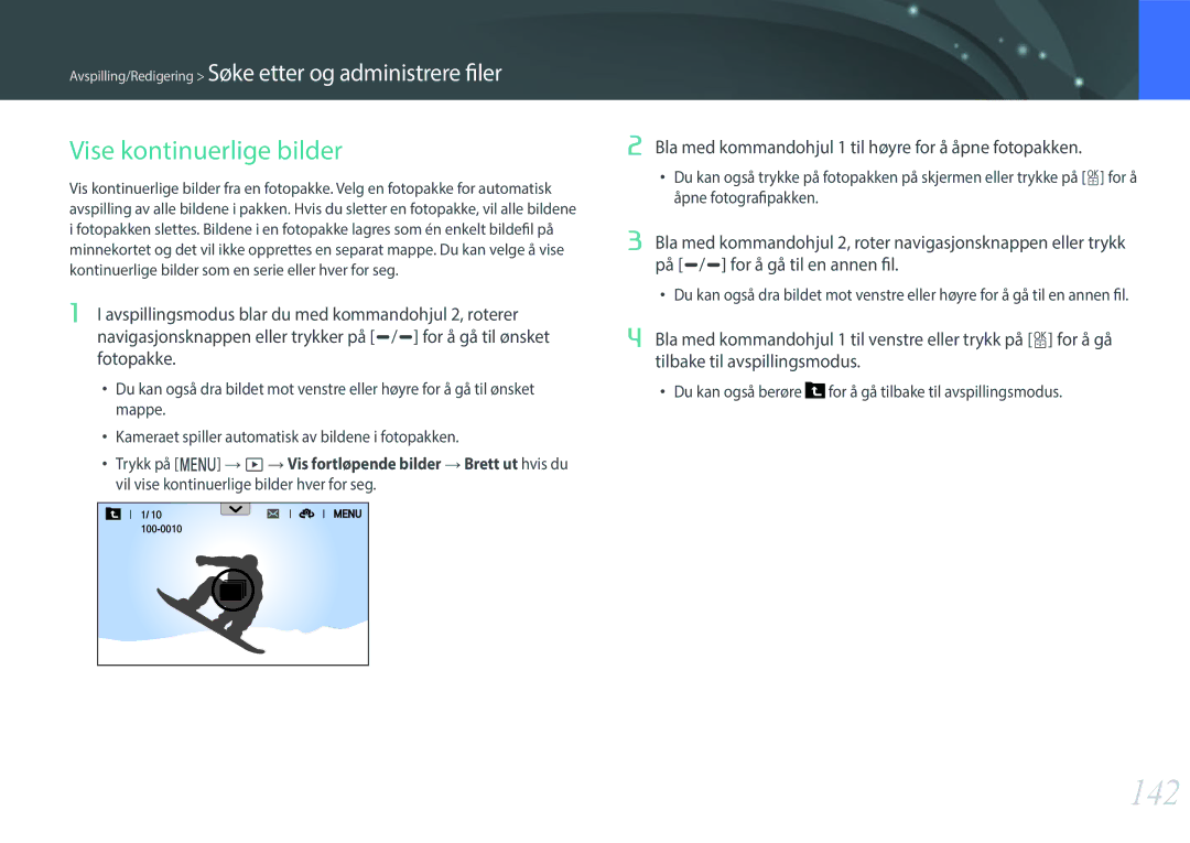 Samsung EV-NX1ZZZBMBSE manual 142, Vise kontinuerlige bilder, Bla med kommandohjul 1 til høyre for å åpne fotopakken 