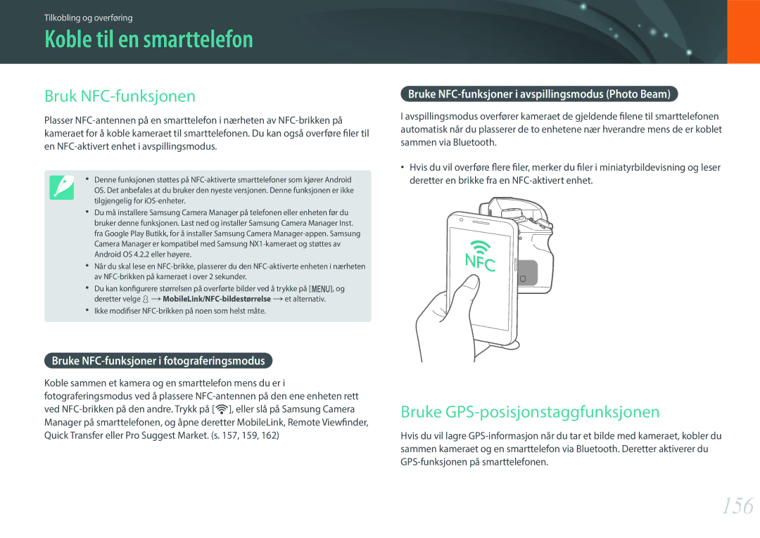 Samsung EV-NX1ZZZBMBDK manual Koble til en smarttelefon, 156, Bruk NFC-funksjonen, Bruke GPS-posisjonstaggfunksjonen 