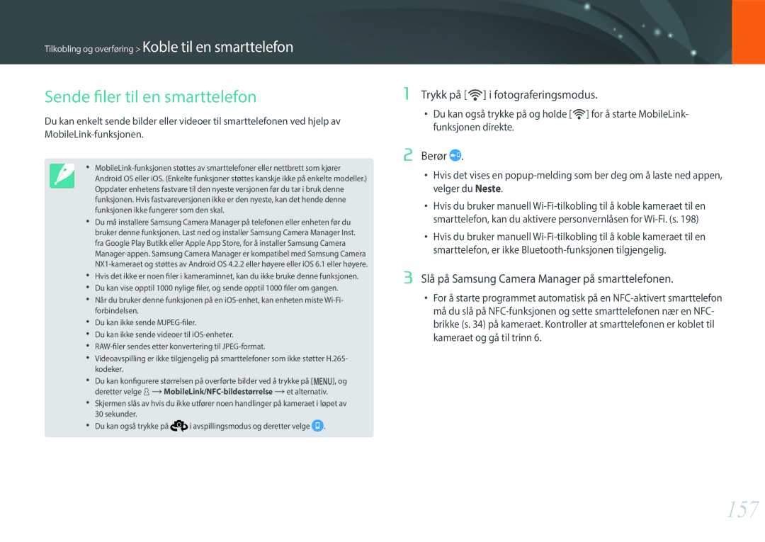 Samsung EV-NX1ZZZBMBSE, EV-NXF1ZZB1HSE manual 157, Sende filer til en smarttelefon, Trykk på R i fotograferingsmodus 