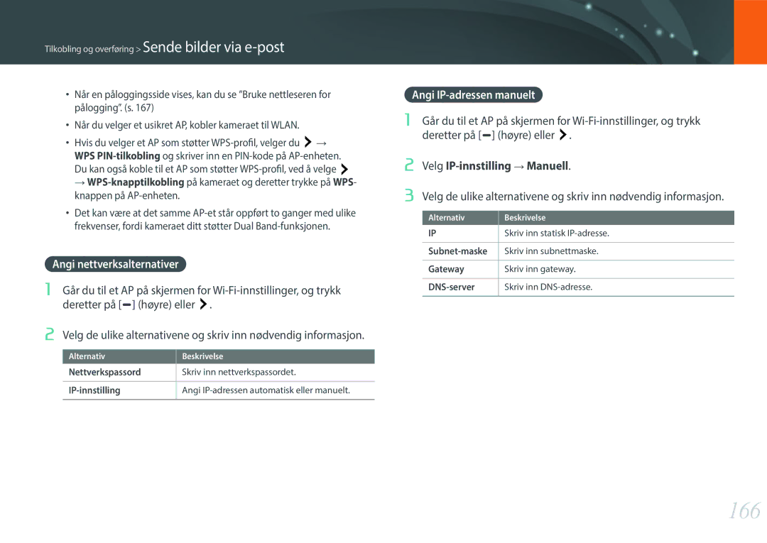 Samsung EV-NXF1ZZB1KDK manual 166, Deretter på e høyre eller, Angi IP-adressen manuelt, Velg IP-innstilling Manuell 