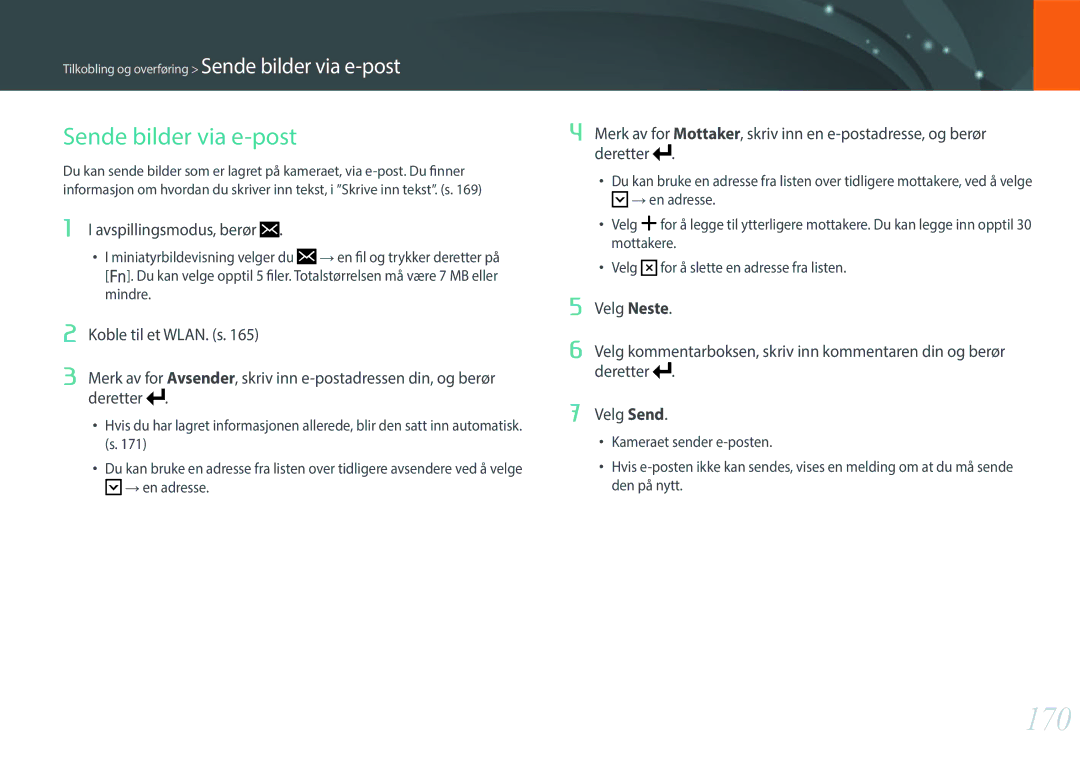 Samsung EV-NXF1ZZB2ISE, EV-NXF1ZZB1HSE, EV-NX1ZZZBZBSE, EV-NXF1ZZB1KDK, EV-NXF1ZZB2IDK manual 170, Sende bilder via e-post 