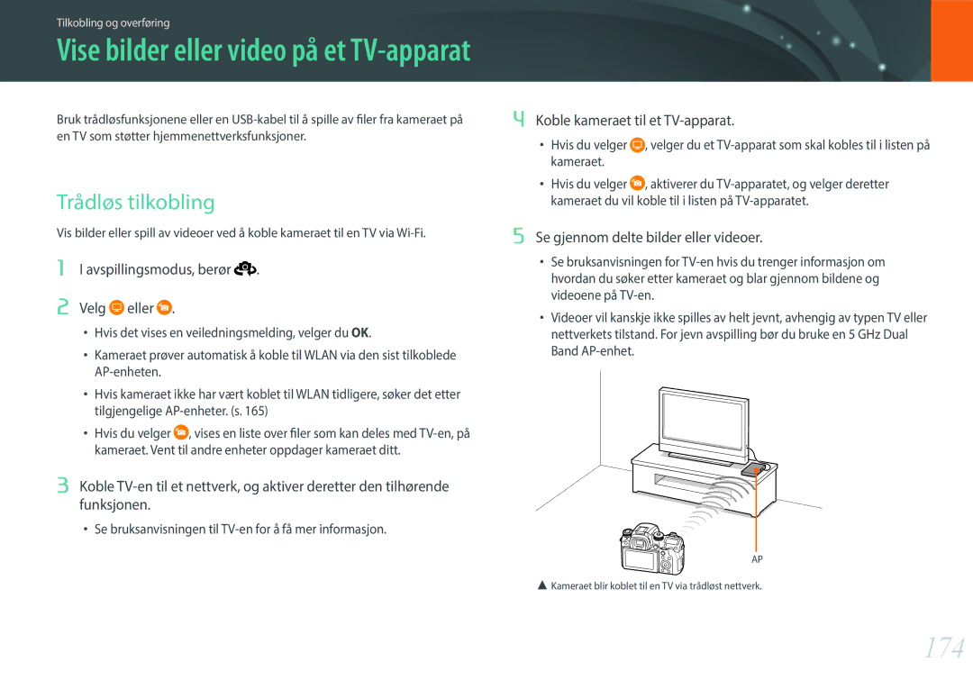 Samsung EV-NXF1ZZB1HDK manual 174, Trådløs tilkobling, Avspillingsmodus, berør Velg Eller, Koble kameraet til et TV-apparat 