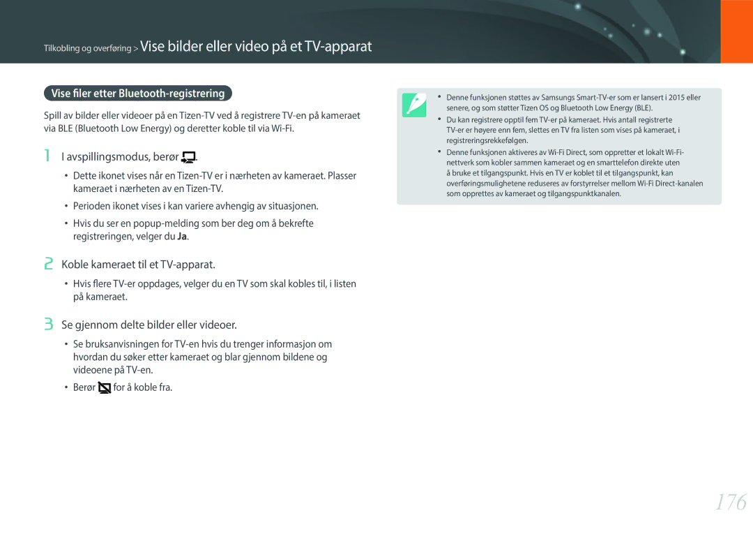 Samsung EV-NX1ZZZBQBDK, EV-NXF1ZZB1HSE manual 176, Vise filer etter Bluetooth-registrering, Avspillingsmodus, berør 