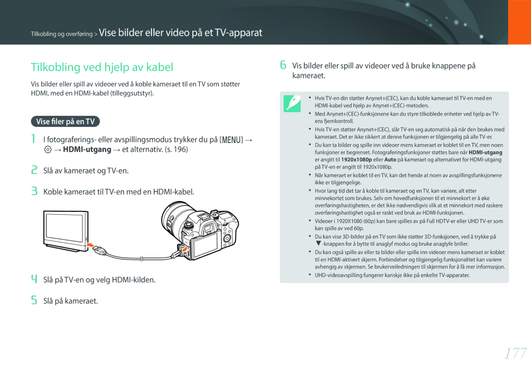 Samsung EV-NX1ZZZBQBSE, EV-NXF1ZZB1HSE, EV-NX1ZZZBZBSE manual 177, Tilkobling ved hjelp av kabel, Vise filer på en TV 