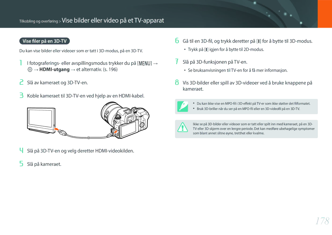 Samsung EV-NXF1ZZB1QDK manual 178, Vise filer på en 3D-TV, Slå av kameraet og 3D-TV-en, Slå på 3D-funksjonen på TV-en 