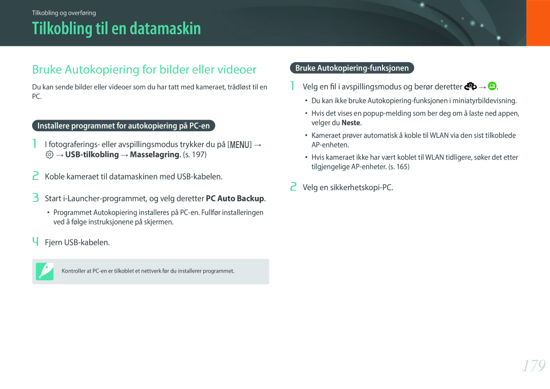 Samsung EV-NXF1ZZB1HSE, EV-NX1ZZZBZBSE Tilkobling til en datamaskin, 179, Bruke Autokopiering for bilder eller videoer 