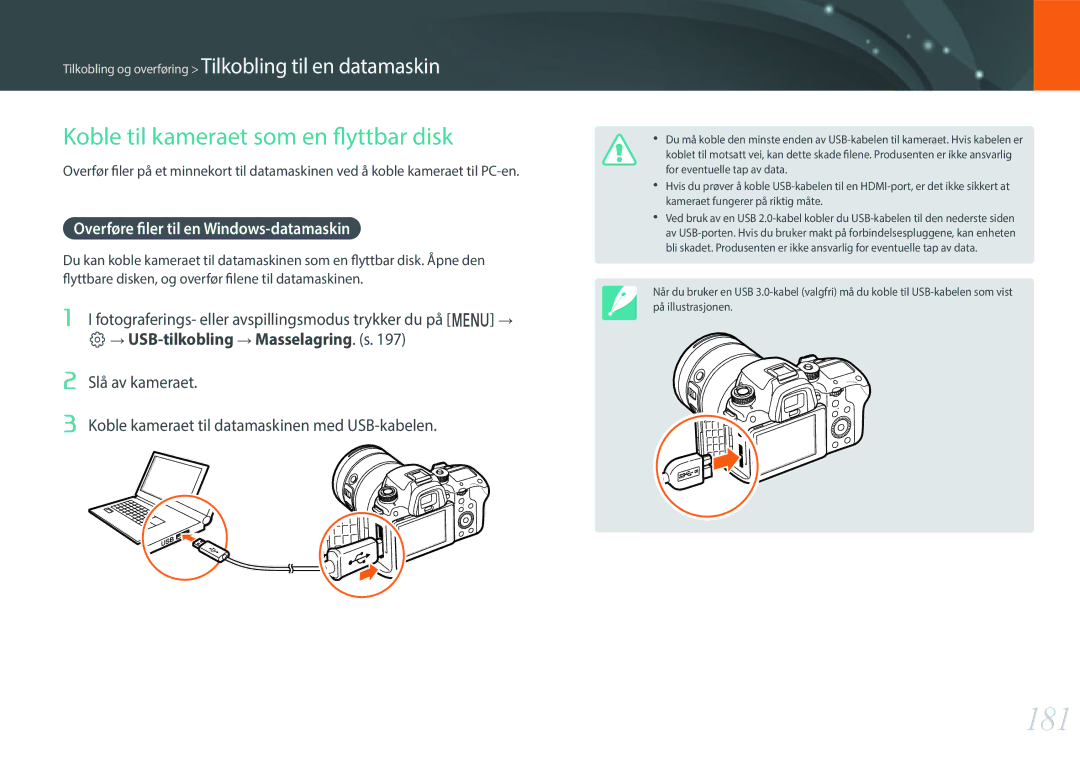 Samsung EV-NXF1ZZB1KDK manual 181, Koble til kameraet som en flyttbar disk, Overføre filer til en Windows-datamaskin 