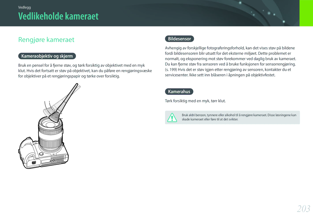 Samsung EV-NX1ZZZBZBDK, EV-NXF1ZZB1HSE, EV-NX1ZZZBZBSE, EV-NXF1ZZB1KDK manual Vedlikeholde kameraet, 203, Rengjøre kameraet 