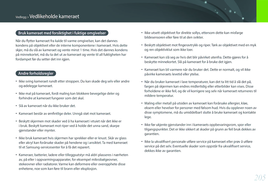 Samsung EV-NXF1ZZB1ISE, EV-NXF1ZZB1HSE manual 205, Bruk kameraet med forsiktighet i fuktige omgivelser, Andre forholdsregler 