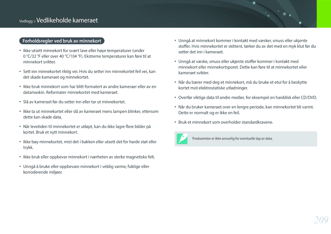Samsung EV-NXF1ZZB1HSE, EV-NX1ZZZBZBSE, EV-NXF1ZZB1KDK, EV-NXF1ZZB2IDK manual 209, Forholdsregler ved bruk av minnekort 