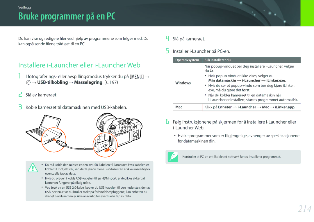 Samsung EV-NXF1ZZB2HDK manual Bruke programmer på en PC, 214, Installere i-Launcher eller i-Launcher Web, Windows, Mac 