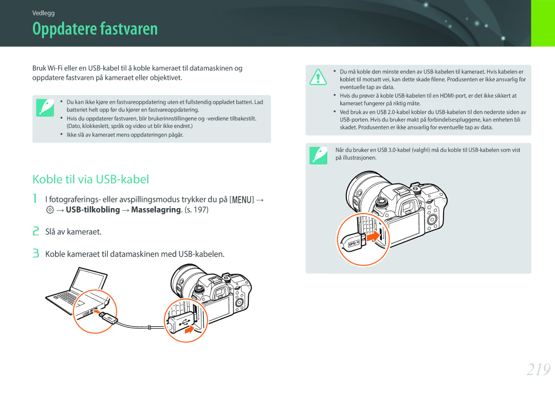 Samsung EV-NXF1ZZB1HDK, EV-NXF1ZZB1HSE, EV-NX1ZZZBZBSE, EV-NXF1ZZB1KDK Oppdatere fastvaren, 219, Koble til via USB-kabel 