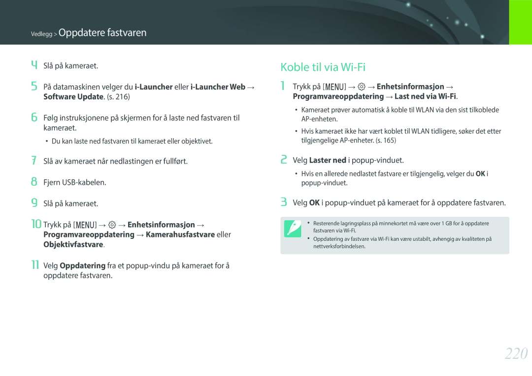 Samsung EV-NXF1ZZB1ISE, EV-NXF1ZZB1HSE manual 220, Koble til via Wi-Fi, Slå på kameraet, Software Update. s, Kameraet 