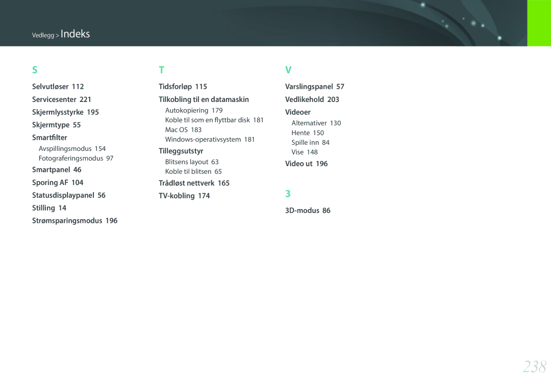 Samsung EV-NXF1ZZB1QDK, EV-NXF1ZZB1HSE, EV-NX1ZZZBZBSE, EV-NXF1ZZB1KDK, EV-NXF1ZZB2IDK, EV-NXF1ZZB1QSE manual 238, Vedlikehold 