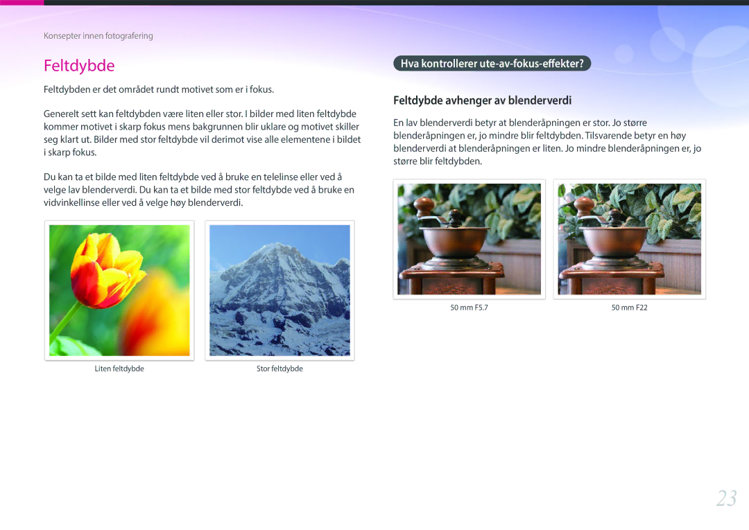 Samsung EV-NX1ZZZBZBDK, EV-NXF1ZZB1HSE, EV-NX1ZZZBZBSE, EV-NXF1ZZB1KDK manual Hva kontrollerer ute-av-fokus-effekter? 