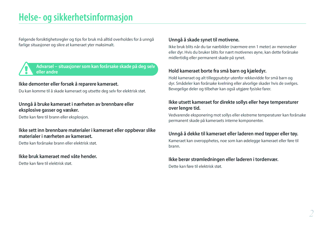 Samsung EV-NXF1ZZB2IDK, EV-NXF1ZZB1HSE, EV-NX1ZZZBZBSE, EV-NXF1ZZB1KDK, EV-NXF1ZZB1QSE manual Helse- og sikkerhetsinformasjon 