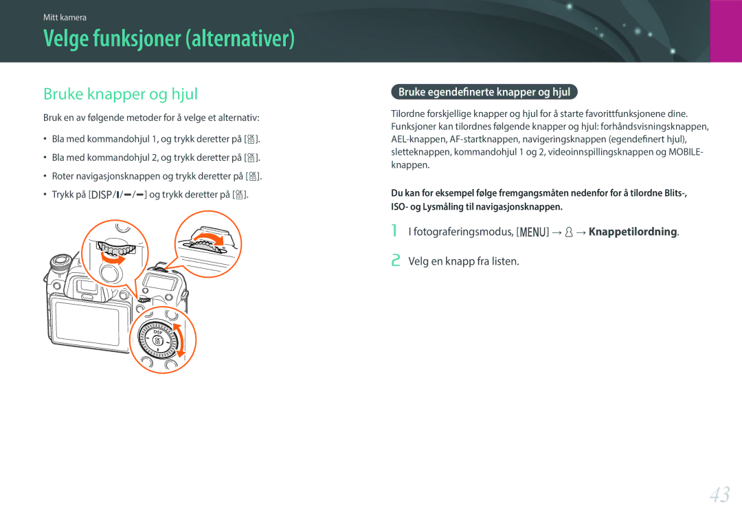 Samsung EV-NXF1ZZB1QDK manual Bruke knapper og hjul, Bruke egendefinerte knapper og hjul, Velg en knapp fra listen 