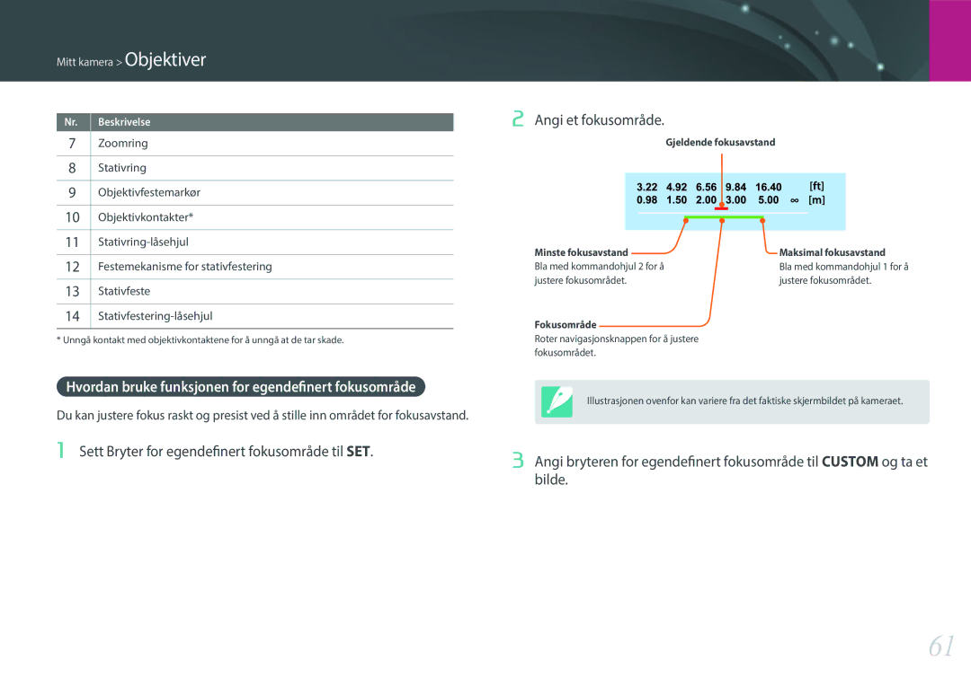 Samsung EV-NXF1ZZB1KDK Hvordan bruke funksjonen for egendefinert fokusområde, Gjeldende fokusavstand Minste fokusavstand 