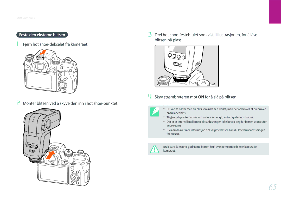 Samsung EV-NXF1ZZB2ISE, EV-NXF1ZZB1HSE, EV-NX1ZZZBZBSE, EV-NXF1ZZB1KDK, EV-NXF1ZZB2IDK manual Feste den eksterne blitsen 