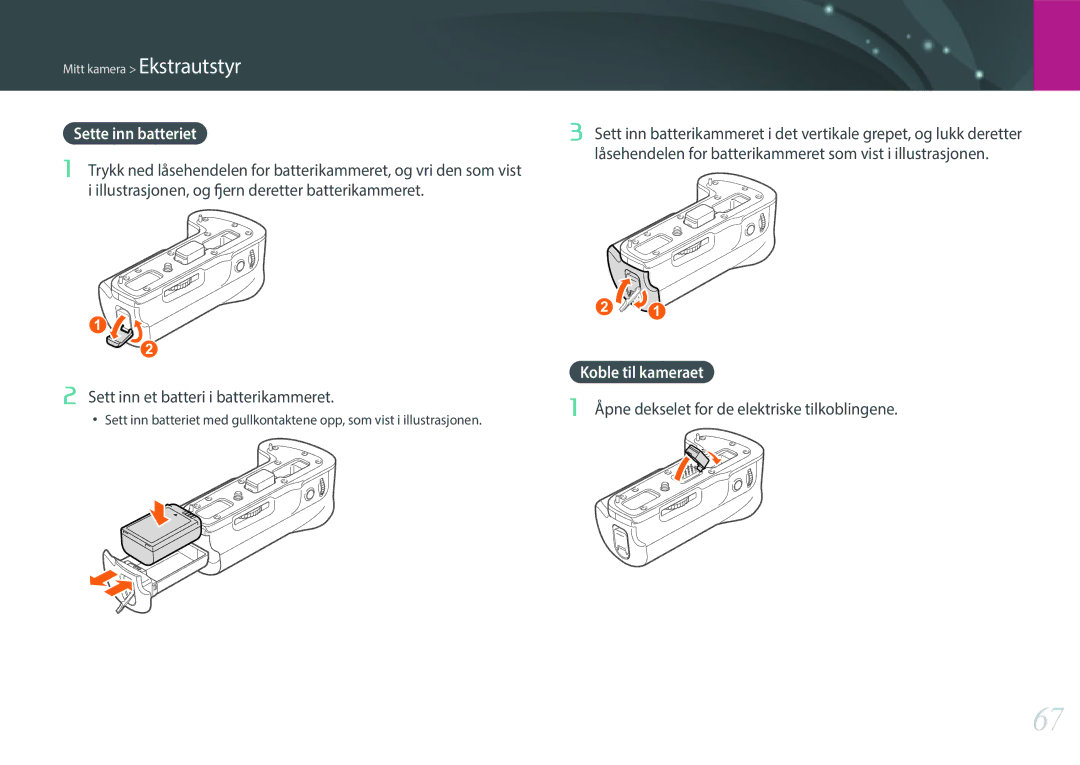 Samsung EV-NX1ZZZBMBSE manual Sette inn batteriet, Koble til kameraet, Åpne dekselet for de elektriske tilkoblingene 