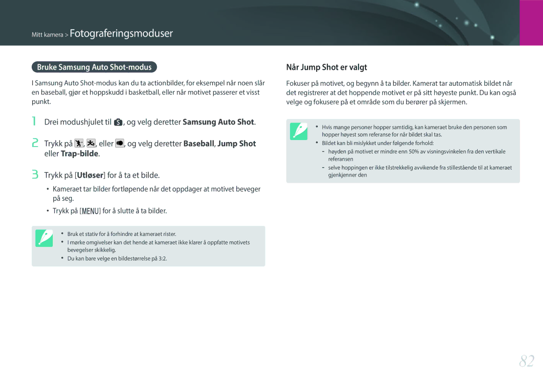Samsung EV-NX1ZZZBMBSE, EV-NXF1ZZB1HSE manual Når Jump Shot er valgt, Bruke Samsung Auto Shot-modus, Eller Trap-bilde 