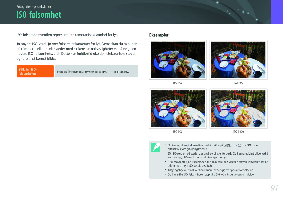 Samsung EV-NXF1ZZB1KDK, EV-NXF1ZZB1HSE, EV-NX1ZZZBZBSE, EV-NXF1ZZB2IDK, EV-NXF1ZZB1QSE manual ISO-følsomhet, Eksempler 