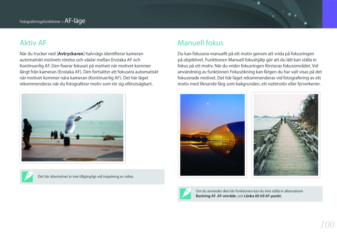 Samsung EV-NXF1ZZB1ISE, EV-NXF1ZZB1HSE, EV-NX1ZZZBZBSE, EV-NXF1ZZB1KDK, EV-NXF1ZZB2IDK manual 100, Aktiv AF, Manuell fokus 