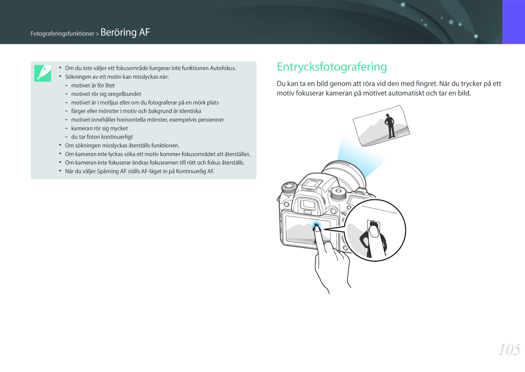 Samsung EV-NX1ZZZBZBSE, EV-NXF1ZZB1HSE, EV-NXF1ZZB1KDK, EV-NXF1ZZB2IDK, EV-NXF1ZZB1QSE manual 105, Entrycksfotografering 